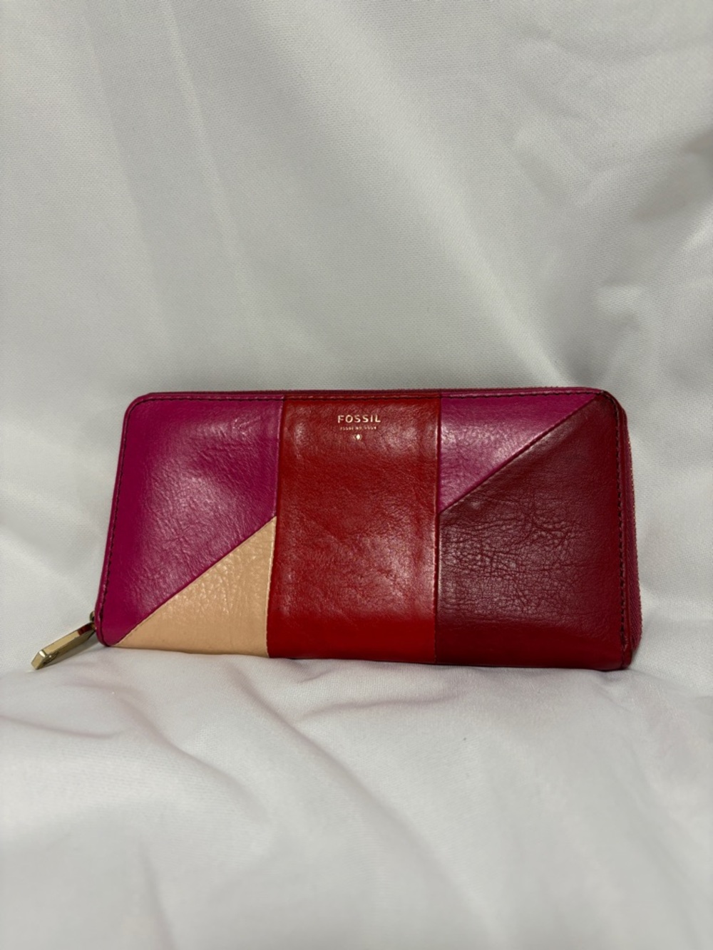 Fossil Colorblock Leather Zip Wallet - Pink, Red & Beige